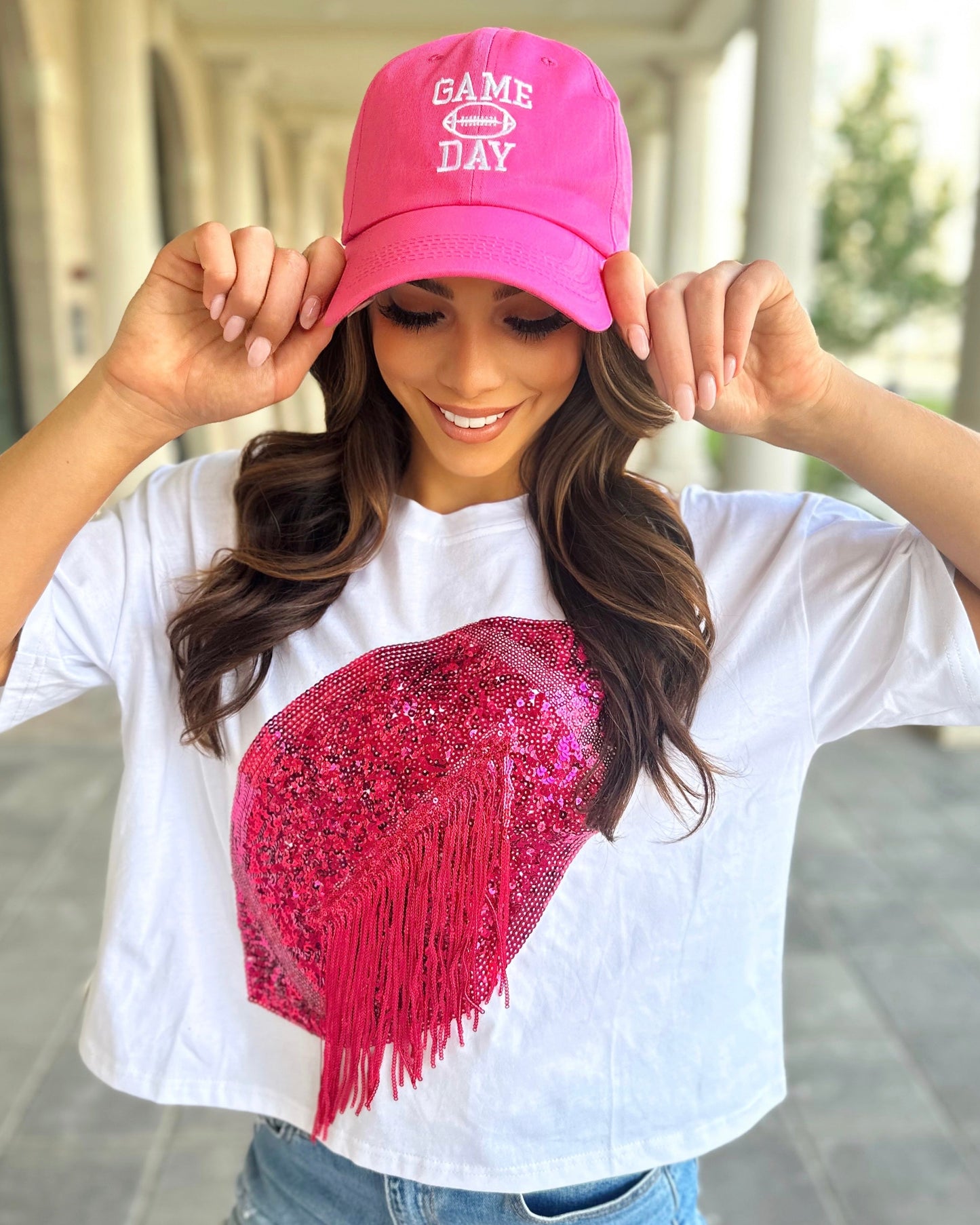 White/Hot Pink Cropped Sequin Fringe Football Tee (Ships 10/15)