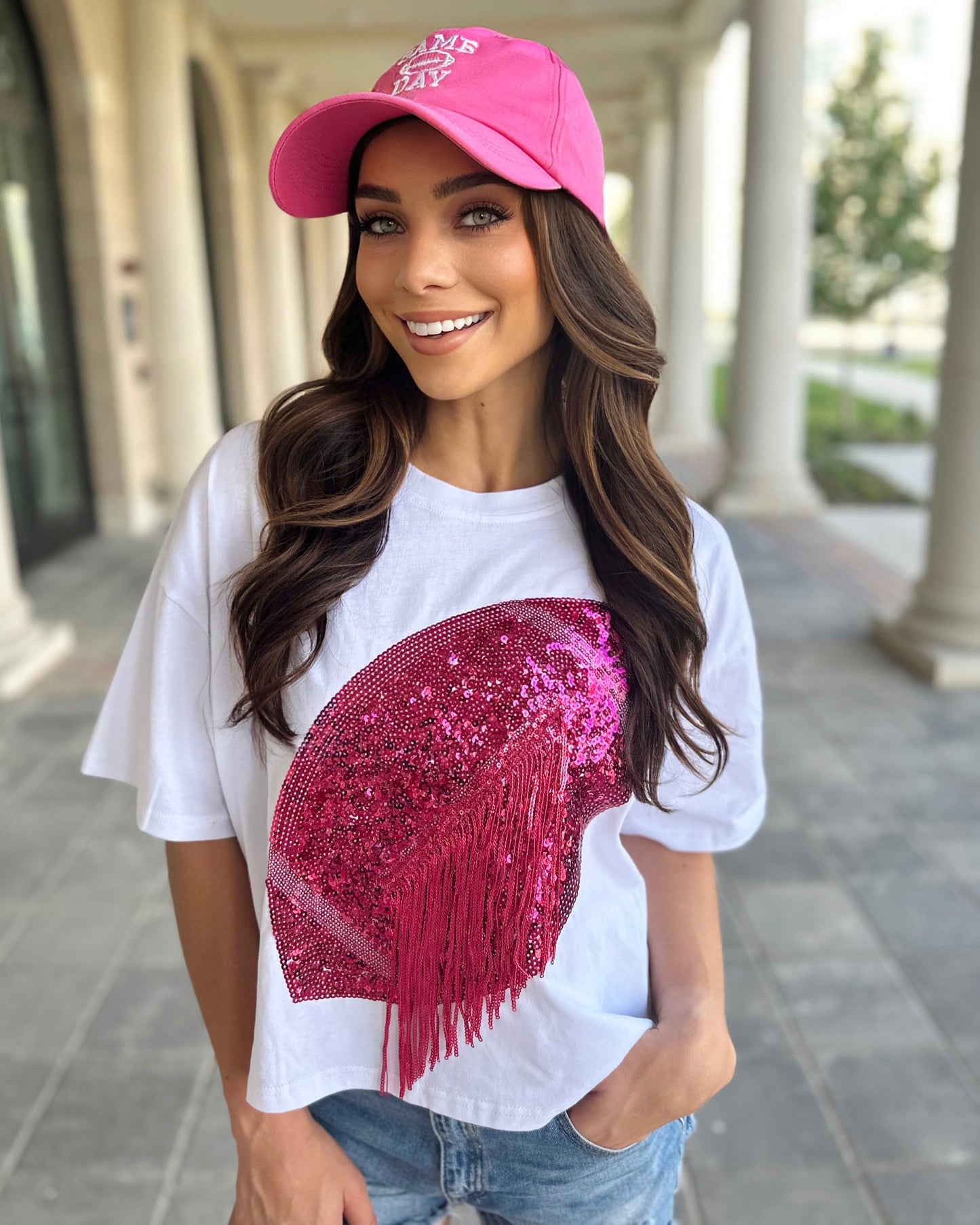 White/Hot Pink Cropped Sequin Fringe Football Tee (Ships 10/15)