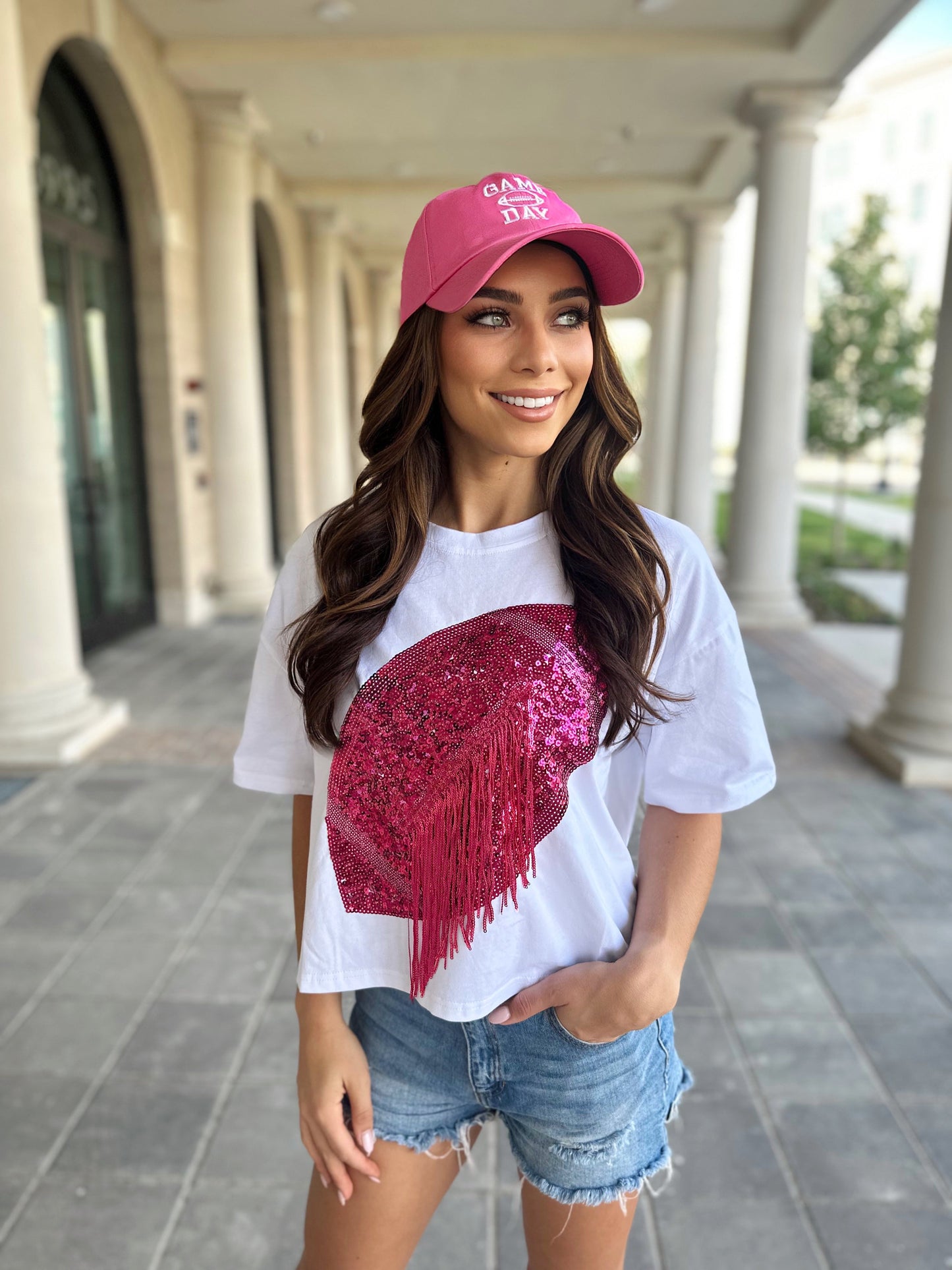 White/Hot Pink Cropped Sequin Fringe Football Tee (Ships 10/15)