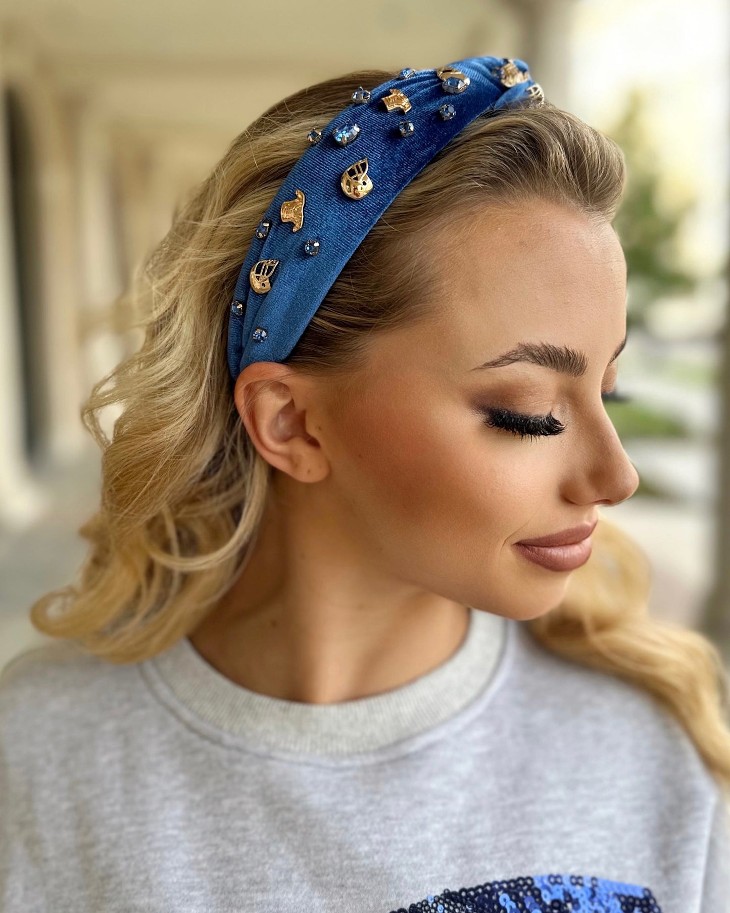 Blue Velvet Embellished Football Headband