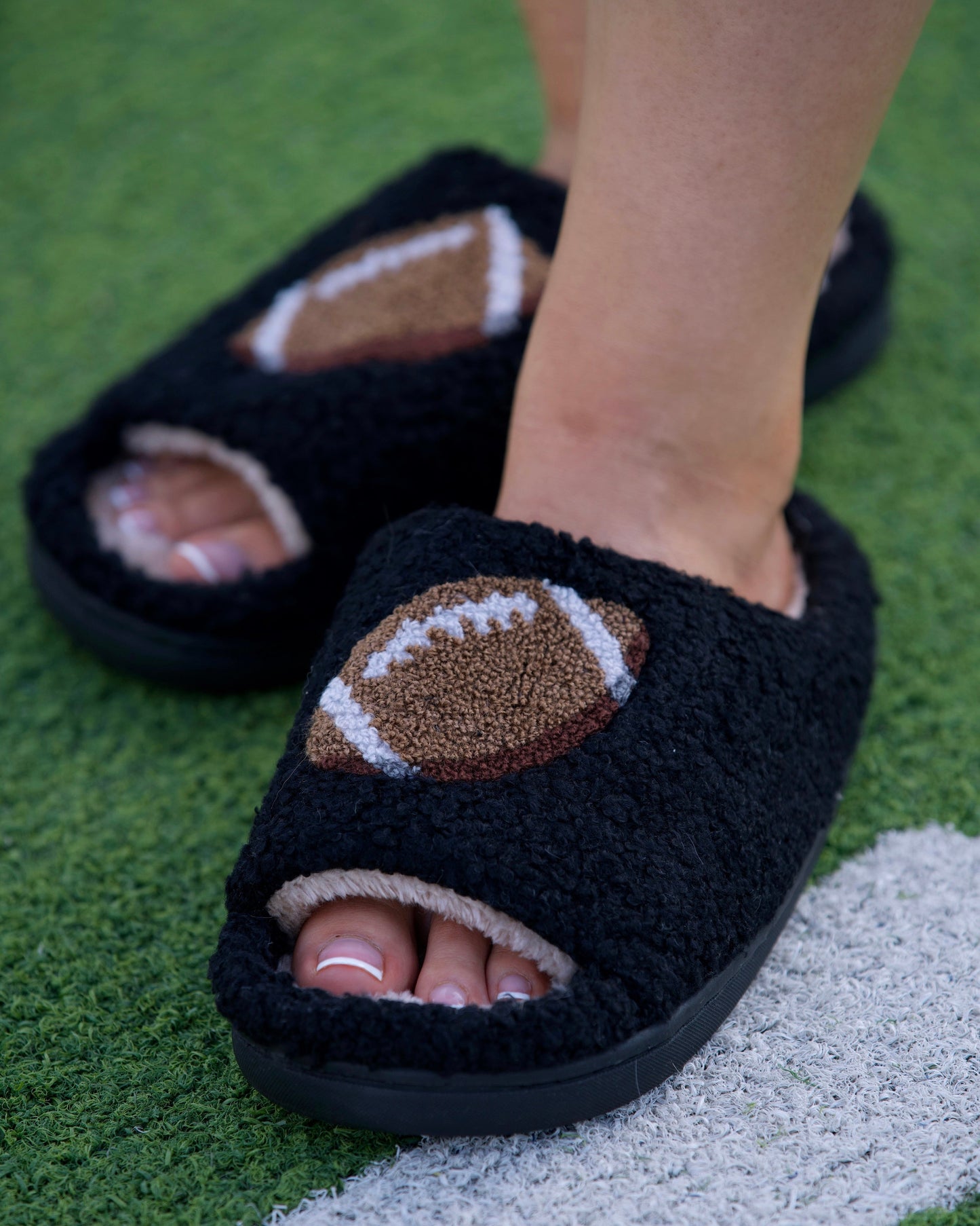 Black Cozy Plush Open Toe Football  Slippers (Pre-Order) - Live Love Gameday®