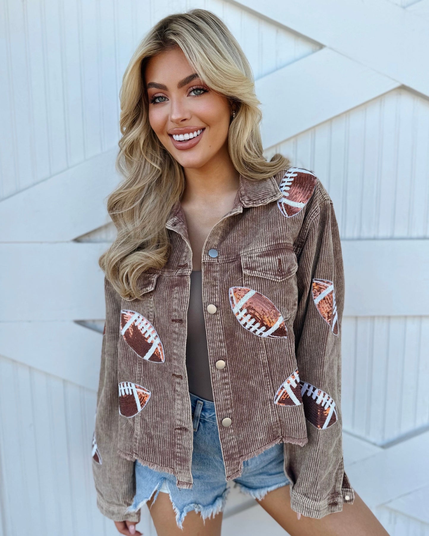 Mocha Corduroy Sequin Football Cropped Jacket (Pre-Order Ships 9/15) - Live Love Gameday®