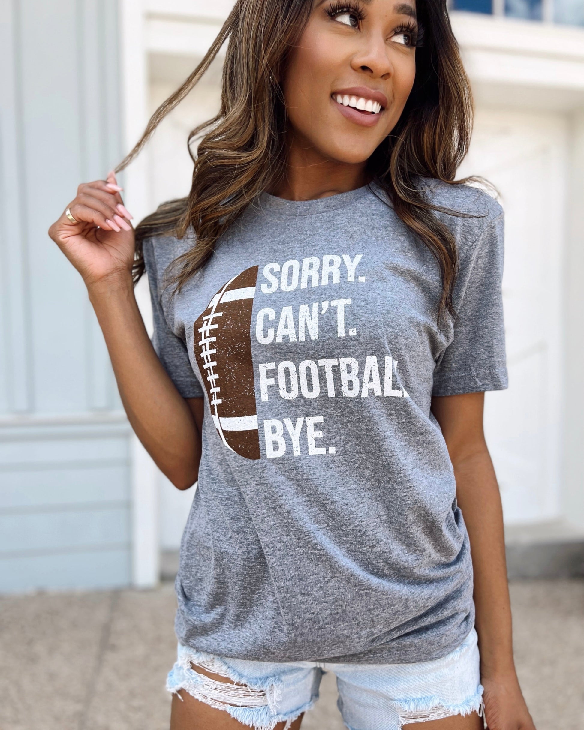 Gray Sorry. Can’t. FOOTBALL. Bye. Unisex Comfy Tee - Live Love Gameday®