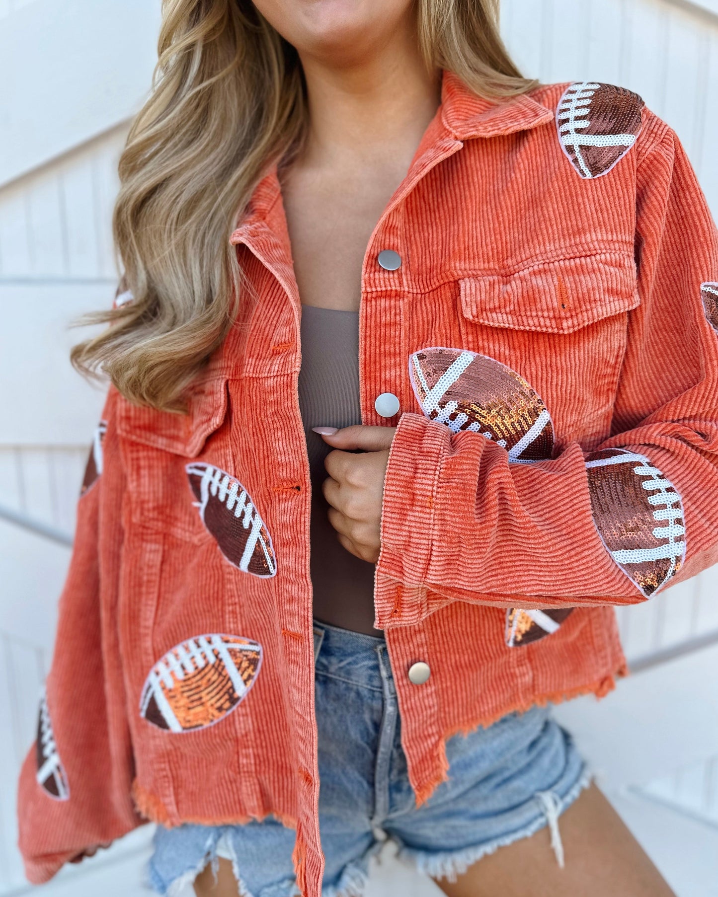 Orange Corduroy Sequin Football Cropped Jacket (Pre-Order Ships 9/15) - Live Love Gameday®