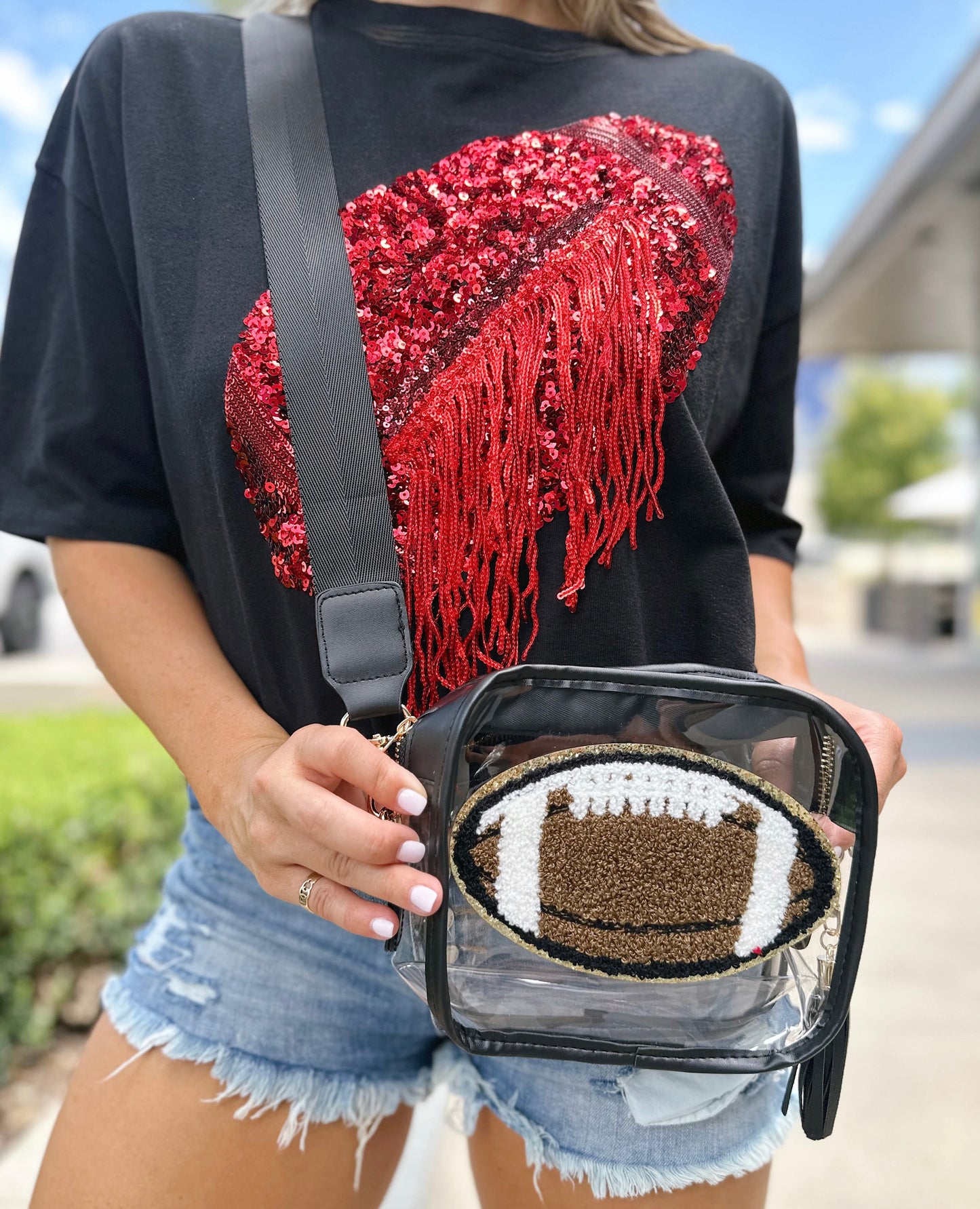 Black Football Chenille-Patch Stadium-Approved Clear Purse - Live Love Gameday®