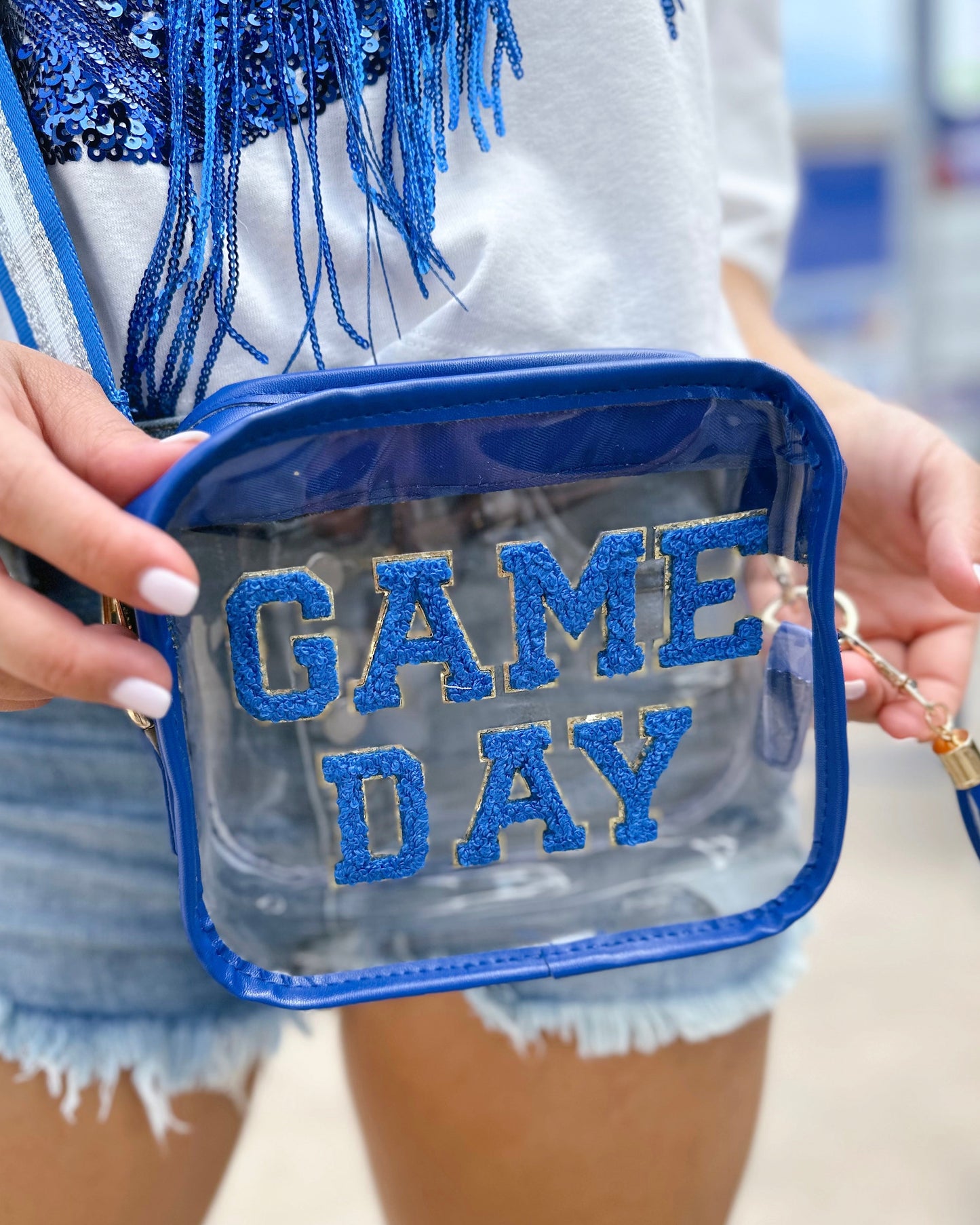 Royal Blue GAME DAY Chenille-Patch Stadium-Approved Clear Purse - Live Love Gameday®