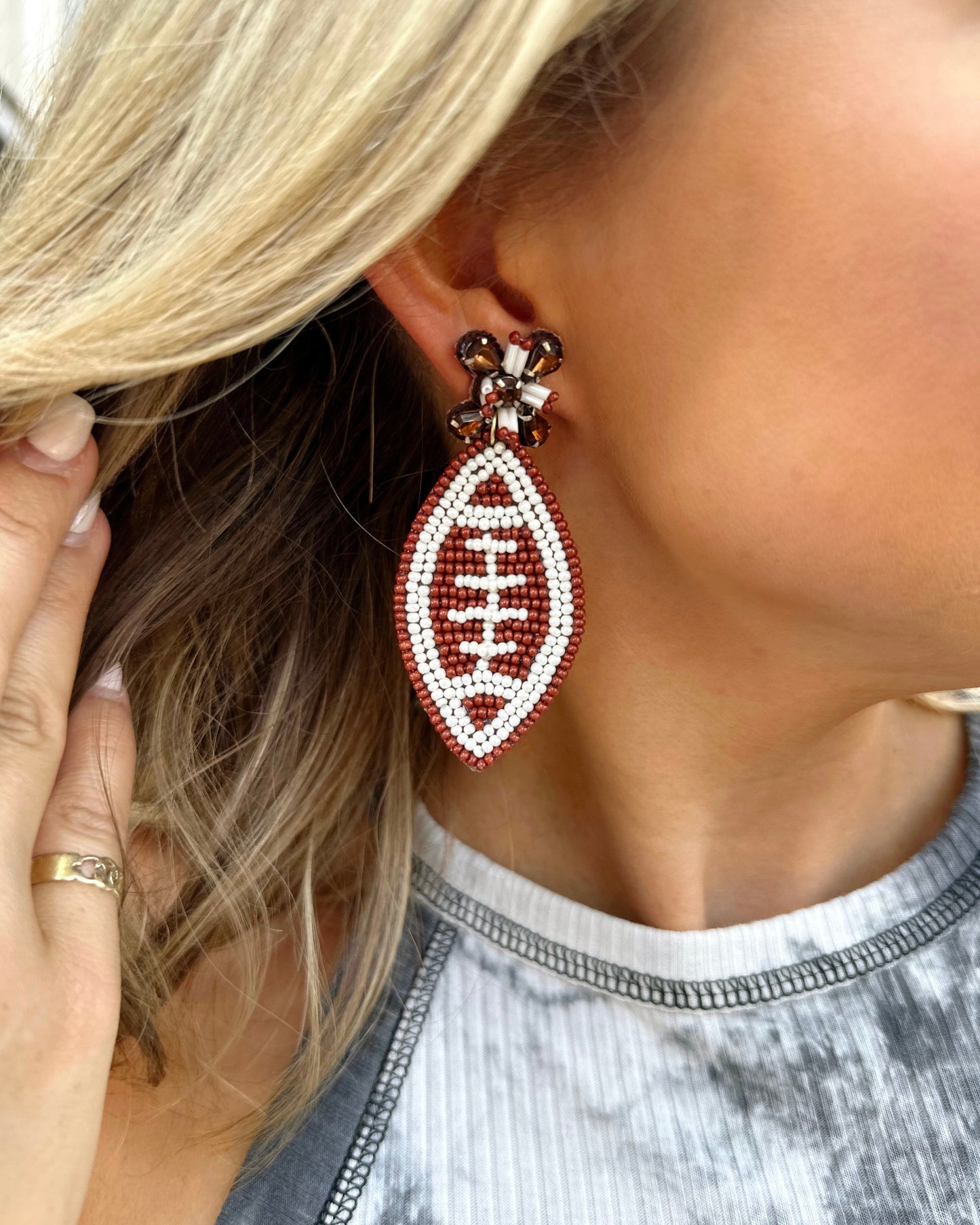 Brown/White Sparkle Football Beaded Earrings - Live Love Gameday®