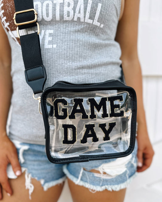 Black GAME DAY Chenille-Patch Stadium-Approved Clear Purse (Ships 7/24) - Live Love Gameday®