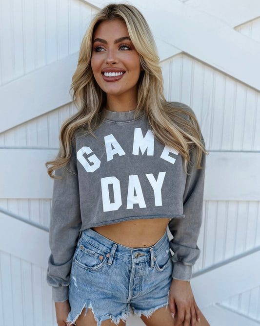 Mineral-Wash “GAME DAY” Gray Cropped Pullover (Pre-Order Ships 9/15) - Live Love Gameday®