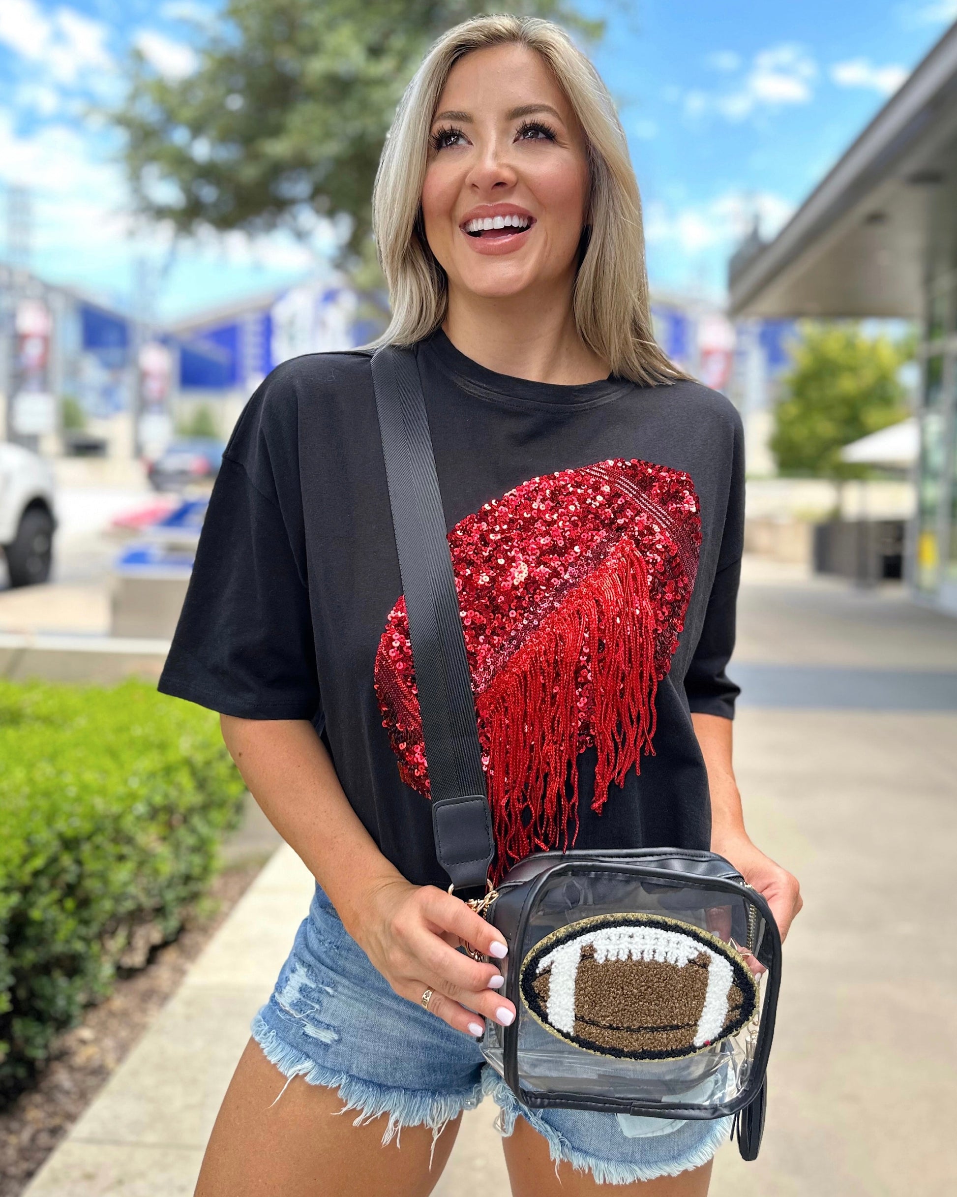 Black Football Chenille-Patch Stadium-Approved Clear Purse - Live Love Gameday®