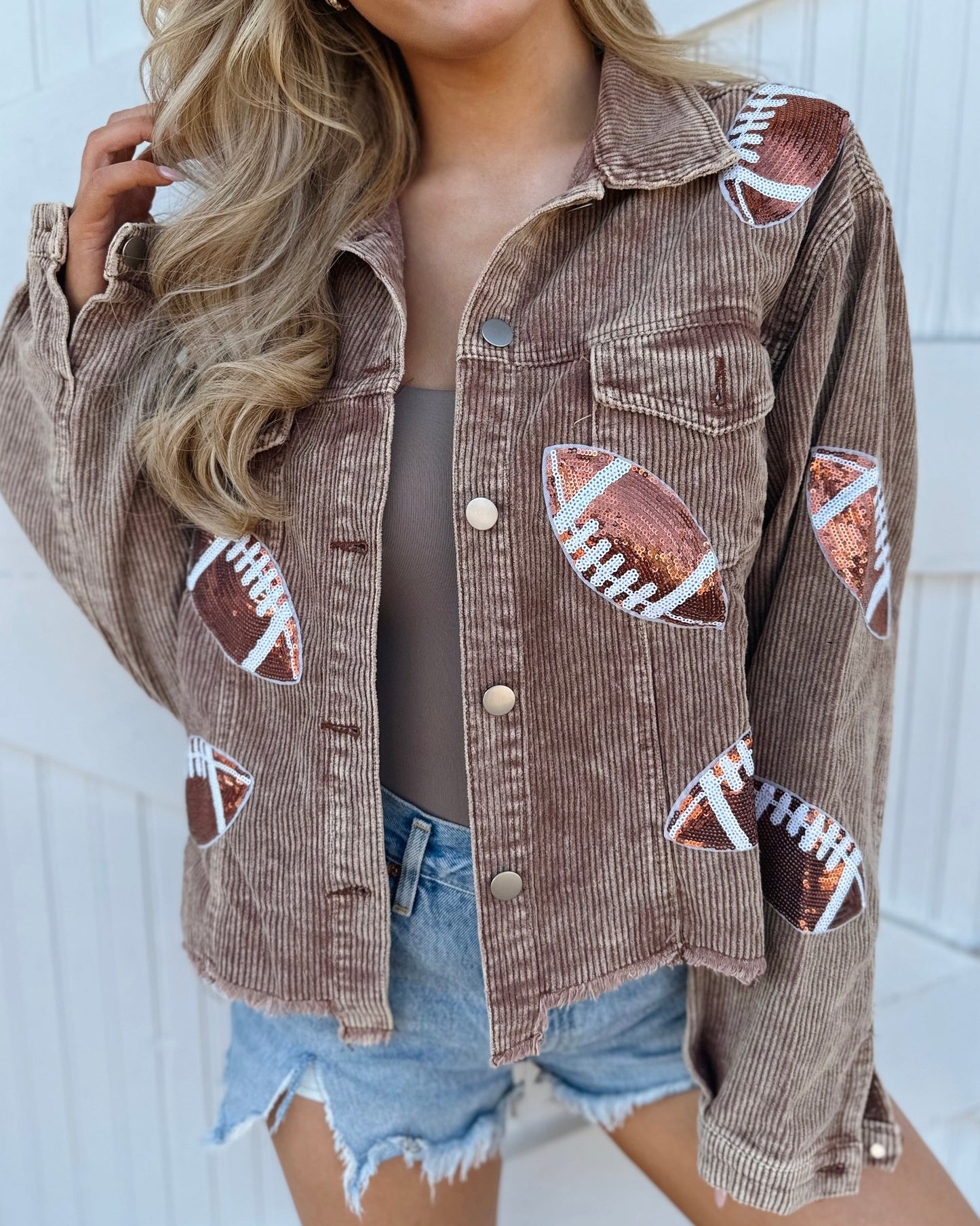 Mocha Corduroy Sequin Football Cropped Jacket (Pre-Order Ships 9/15) - Live Love Gameday®