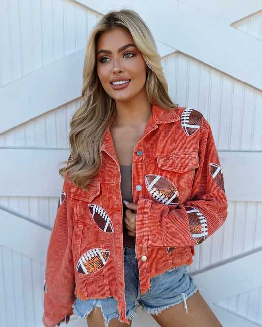 Orange Corduroy Sequin Football Cropped Jacket (Pre-Order Ships 9/15) - Live Love Gameday®