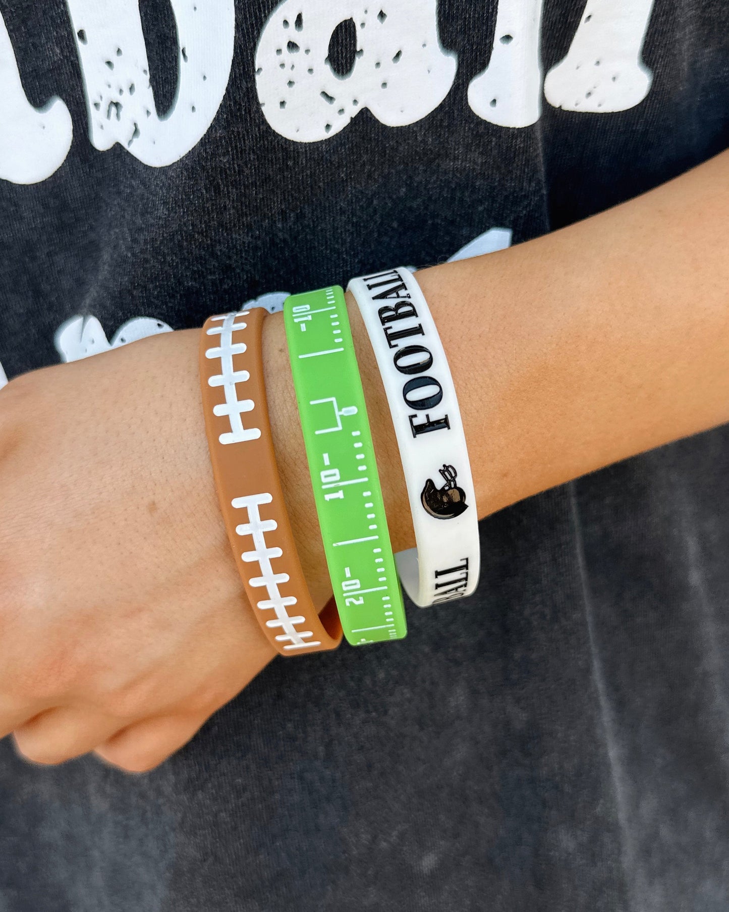 Silicone Football Bracelet Set Of 3 (Yard Lines, Football Laces & Helmet) - Live Love Gameday®