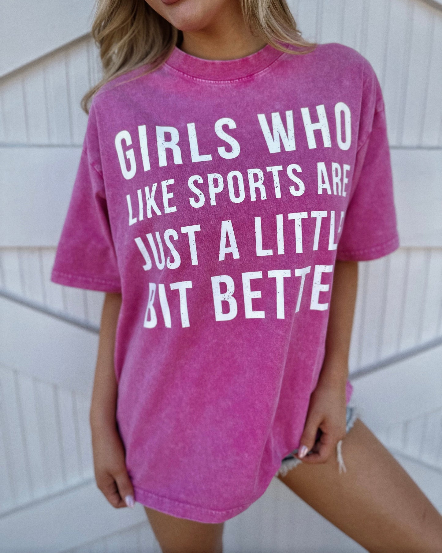 Mineral-Wash “Girls Who Like Sports Are Just A Little Bit Better” Pink Tee (Pre-Order Ships 9/15) - Live Love Gameday®