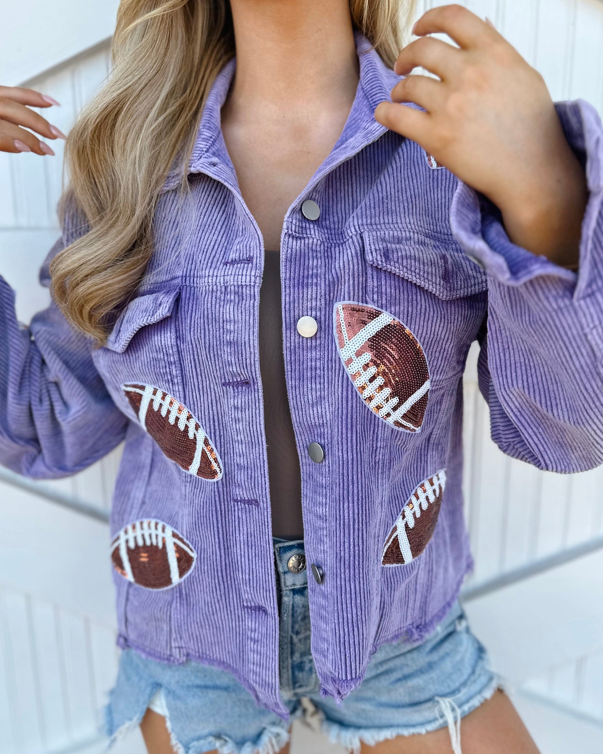 Purple Corduroy Sequin Football Cropped Jacket (Pre-Order Ships 9/1) - Live Love Gameday®