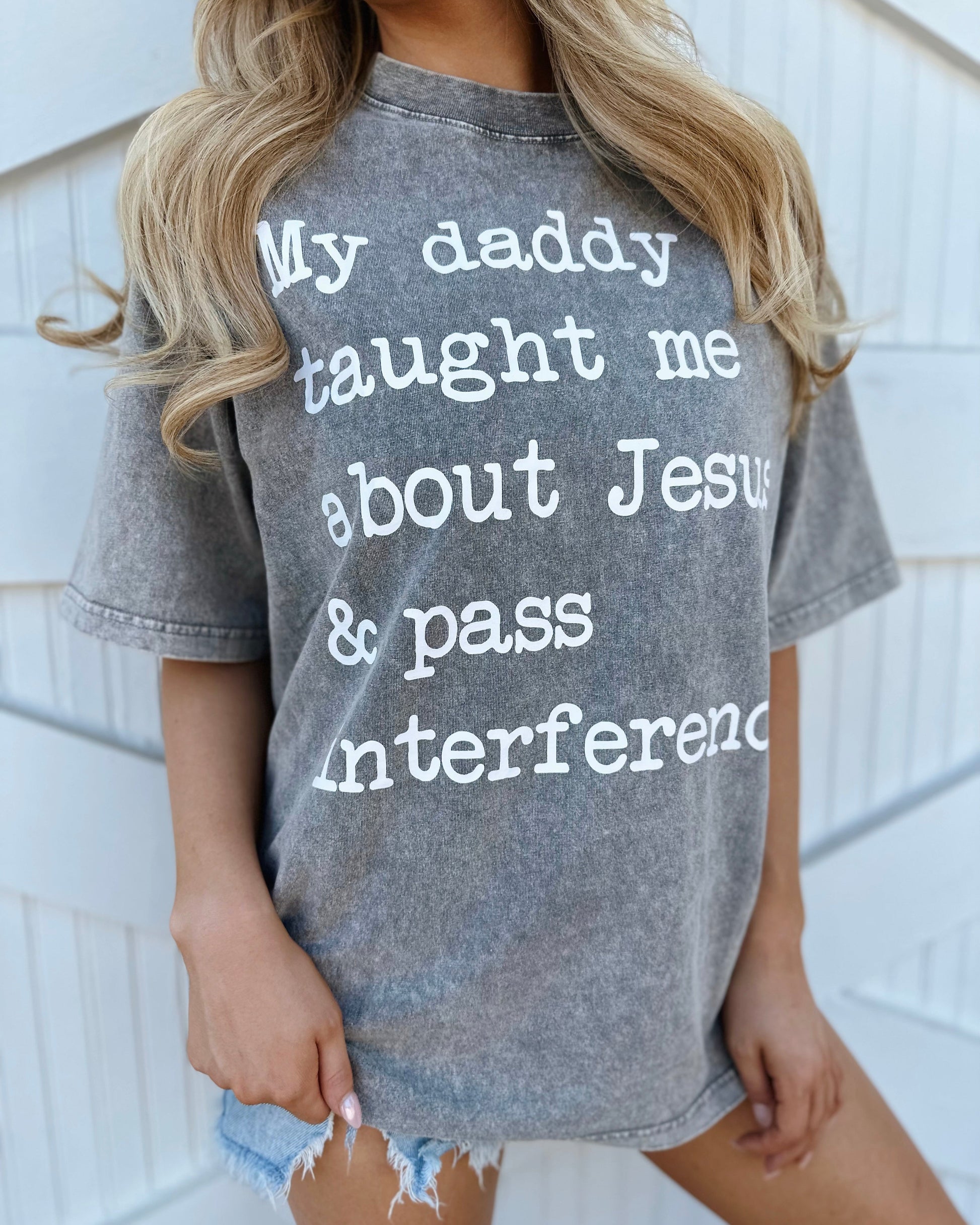 Mineral-Wash “My Daddy Taught Me About Jesus & Pass Interference” Gray Tee (Pre-Order Ships 9/15) - Live Love Gameday®