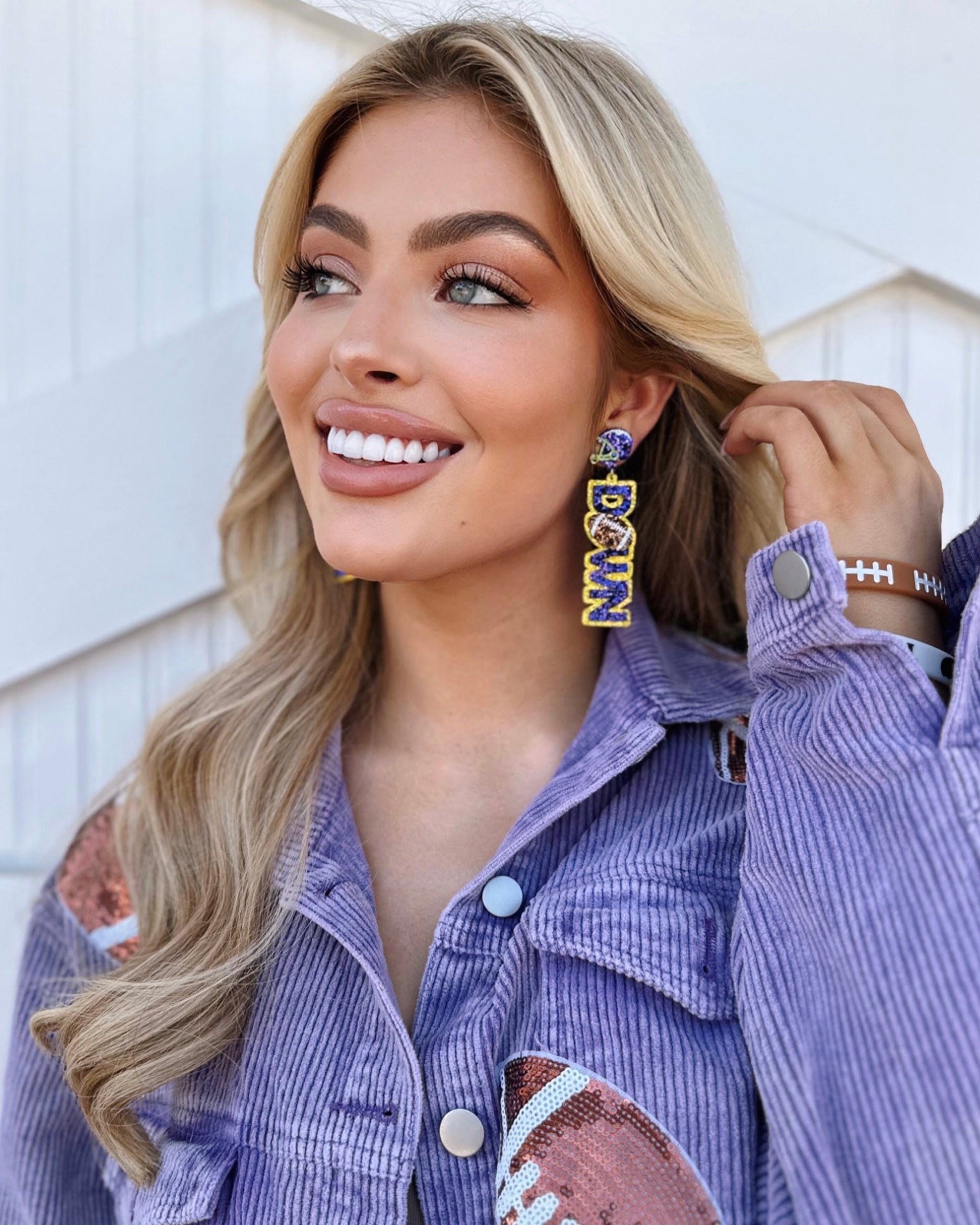 Purple/Gold “Touch Down” Glitter Earrings - Live Love Gameday®