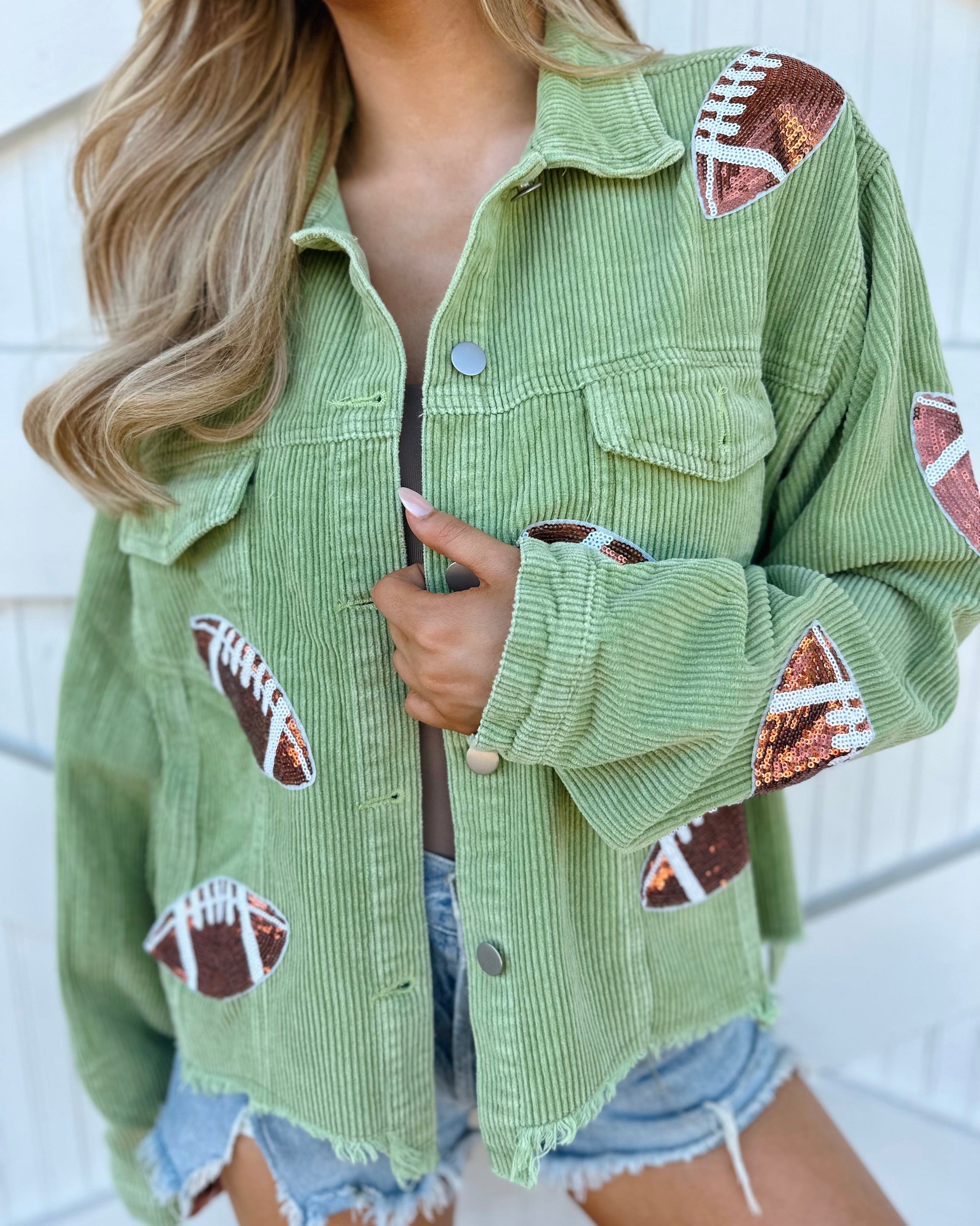 Green Corduroy Sequin Football Cropped Jacket (Pre-Order Ships 9/15) - Live Love Gameday®