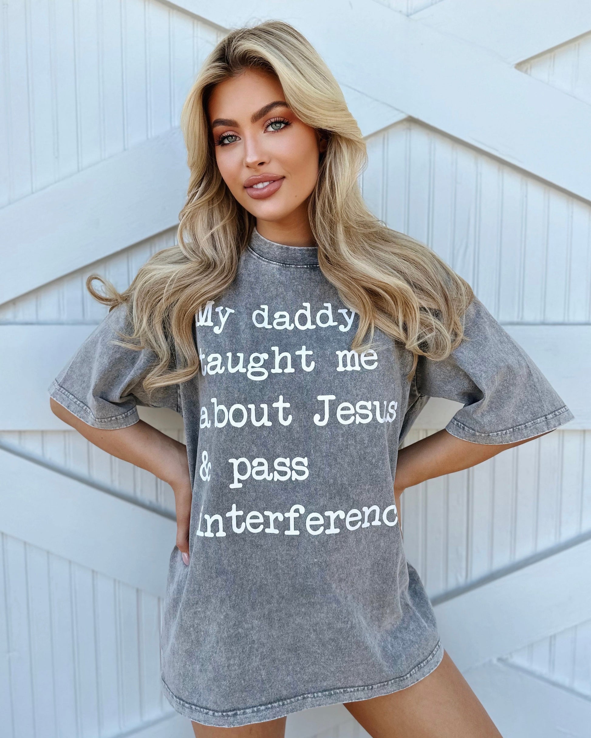 Mineral-Wash “My Daddy Taught Me About Jesus & Pass Interference” Gray Tee (Pre-Order Ships 9/15) - Live Love Gameday®