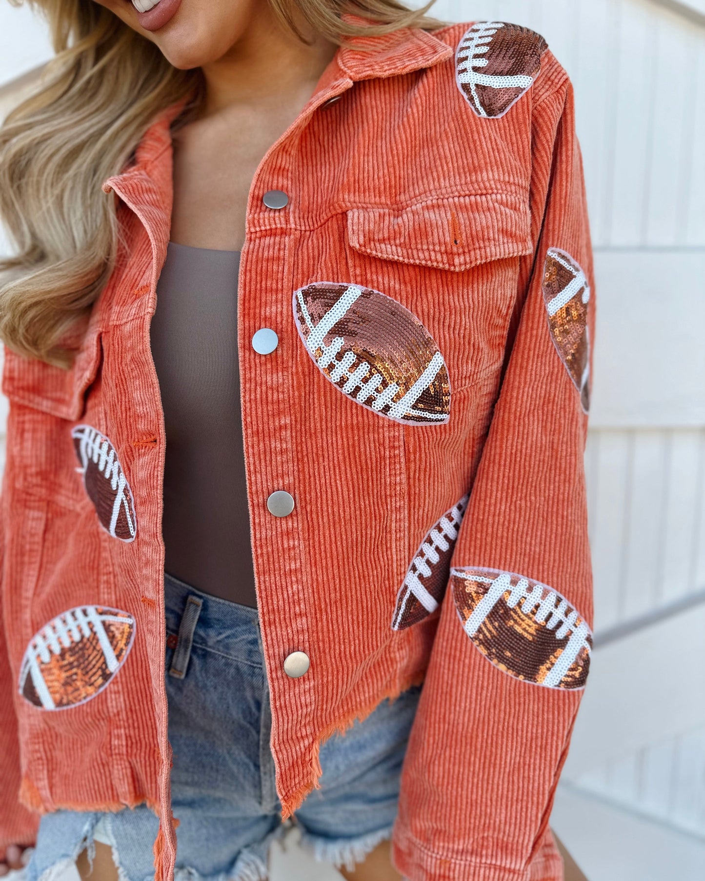 Orange Corduroy Sequin Football Cropped Jacket (Pre-Order Ships 9/15) - Live Love Gameday®